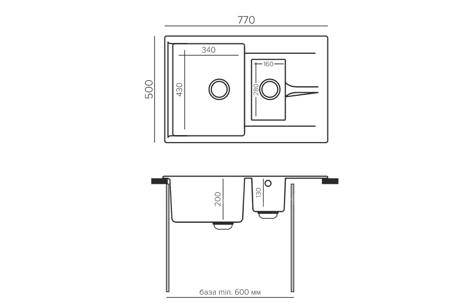 Кухонная мойка POLYGRAN Brig-770 из искусственного камня 77х50 см с двумя чашами фото 9 | интернет-магазин Складно