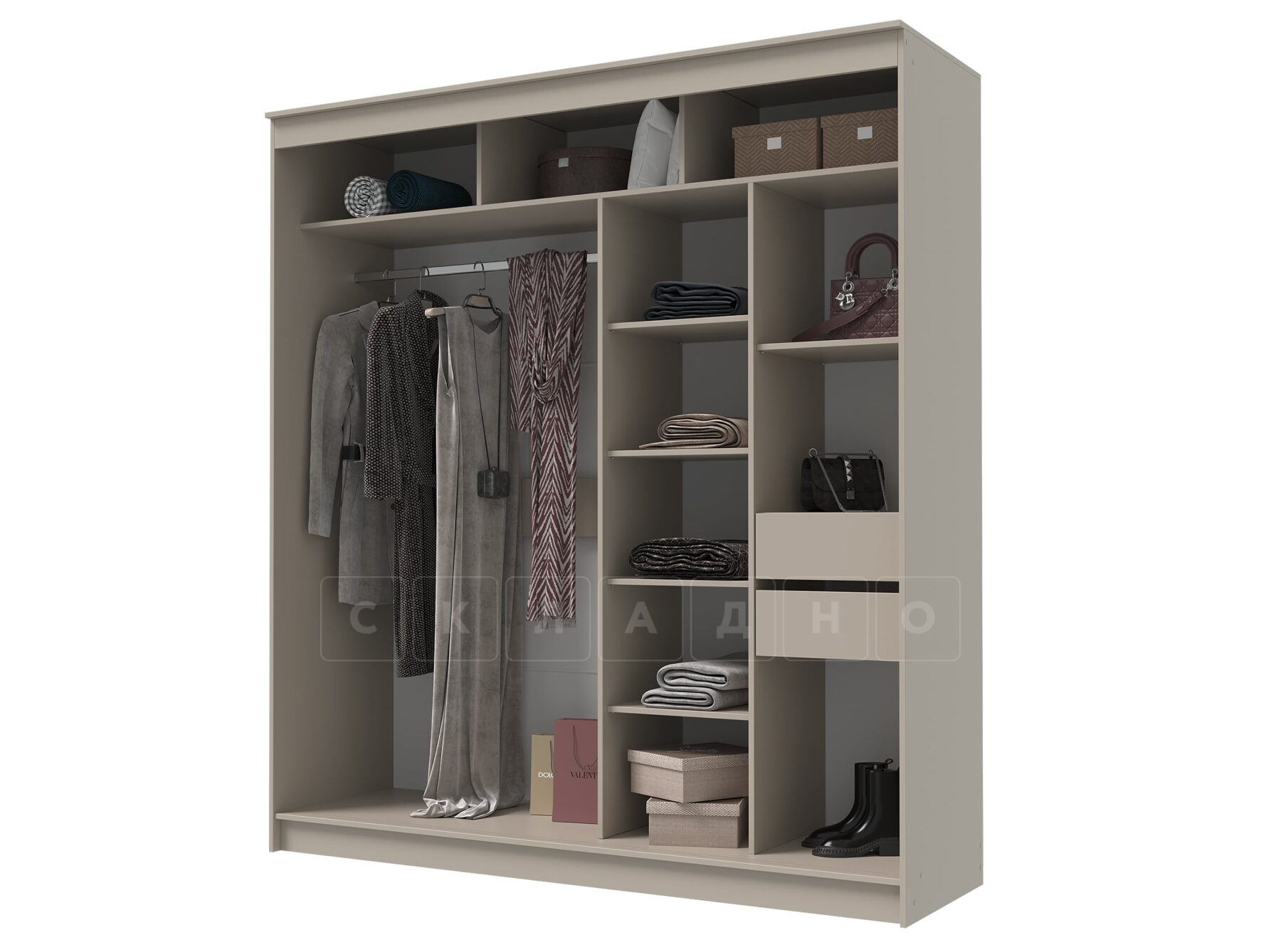 Шкаф-купе ГРАНД 1 с ящиками 2,0 Сатин/Сатин ЛДСП фото 2 | интернет-магазин Складно